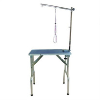 Mesa plegable azul para razas pequeñas en peluquería canina
