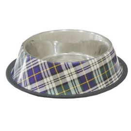 Comedero bebedero diseño cuadros escoceses verde y lila