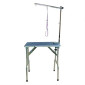 Mesa plegable azul para razas pequeñas en peluquería canina